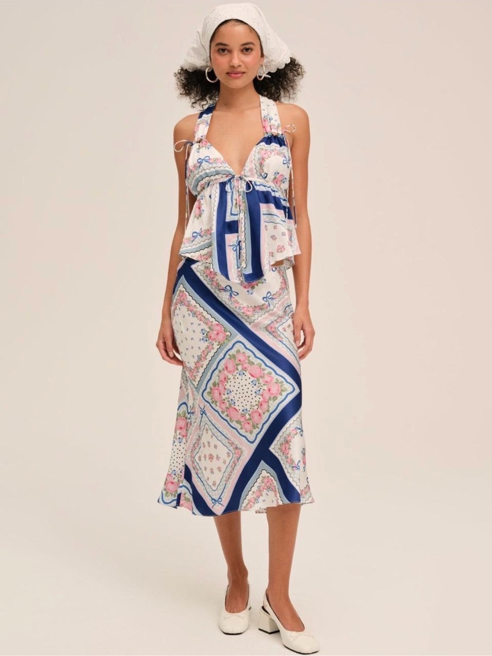 For Love & Lemons Patchwork Halter Midi Dress in Blue and Pink